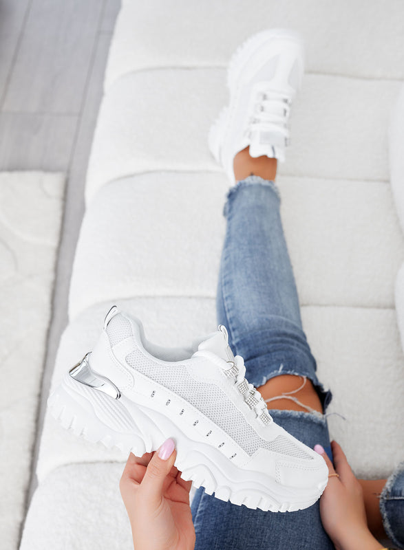 LIBBY - Sneakers bianche in tessuto con inserti argento e strass