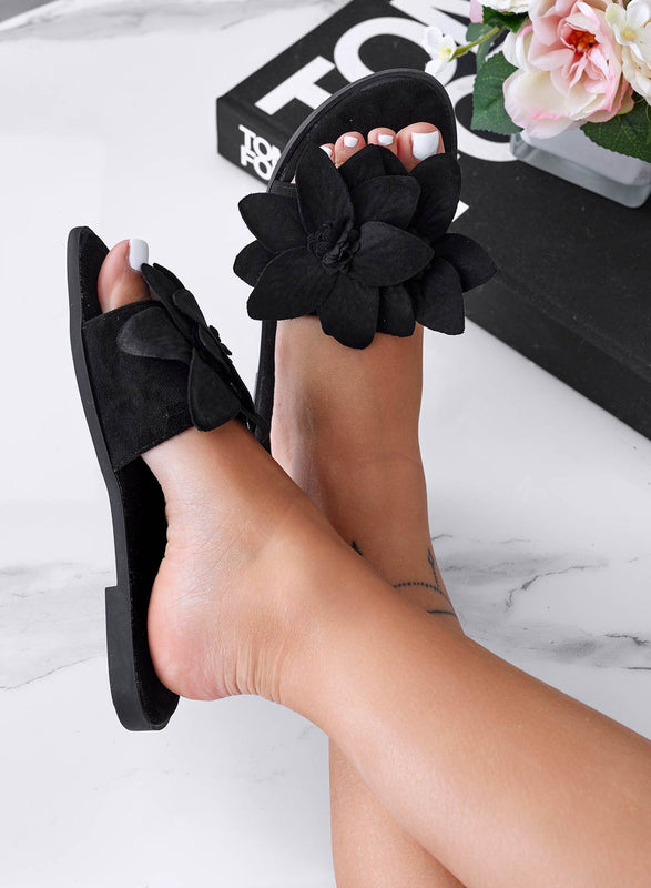 MELODY - Black slide sandals with applied flower