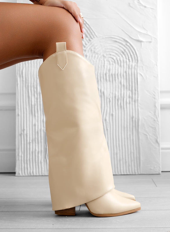 DILETTA - Beige camper boots with cuff and high heel