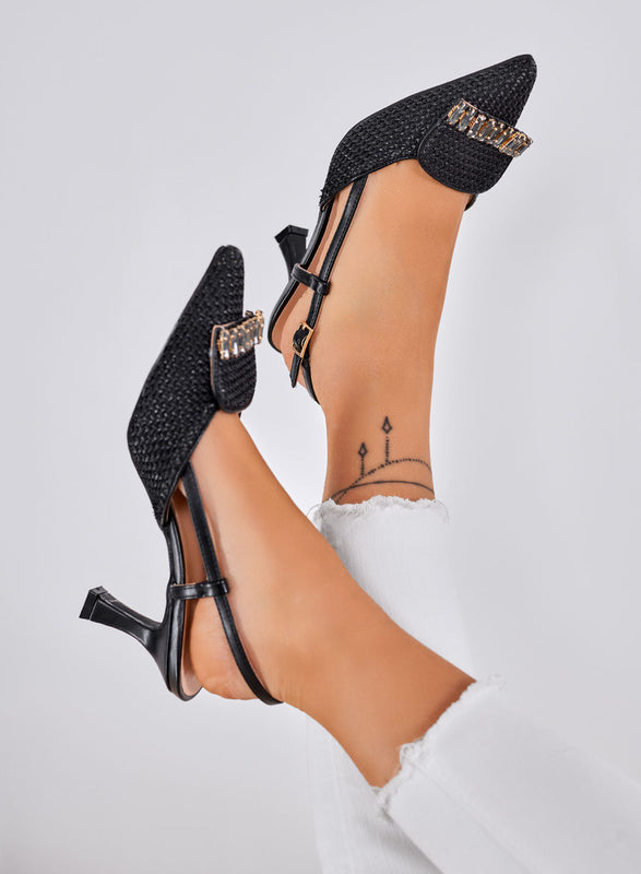 RUSH - Zapatos de tacón negros Slingback trenzados con aplicación de joya