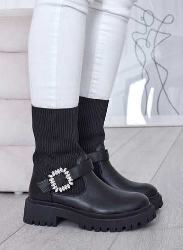 Bottines noires en tissu avec boucle bijou