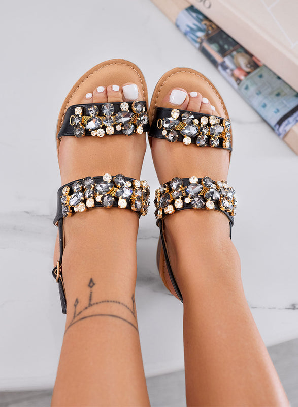 VITTORIA - Sandalias negras de joya con tacón bajo y strass