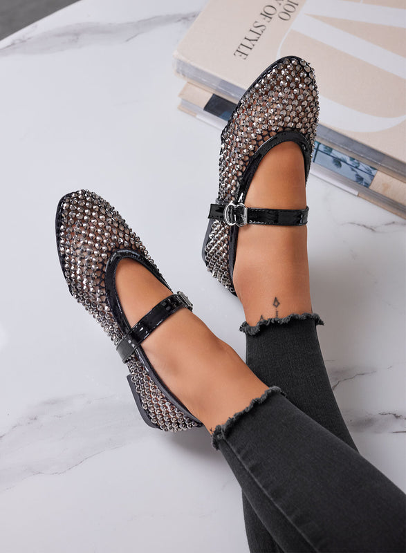 LAVINIA - Bailarinas negras con strass y cinturón ajustable