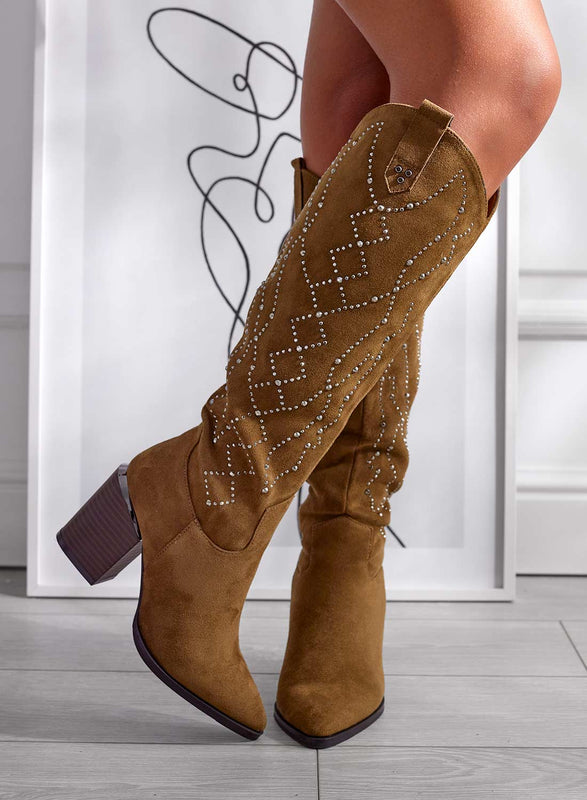 VERONICA - Bottes marron en daim avec strass