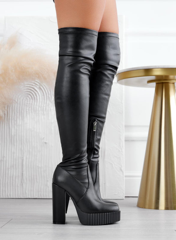 Black over-the-knee boots with high heel