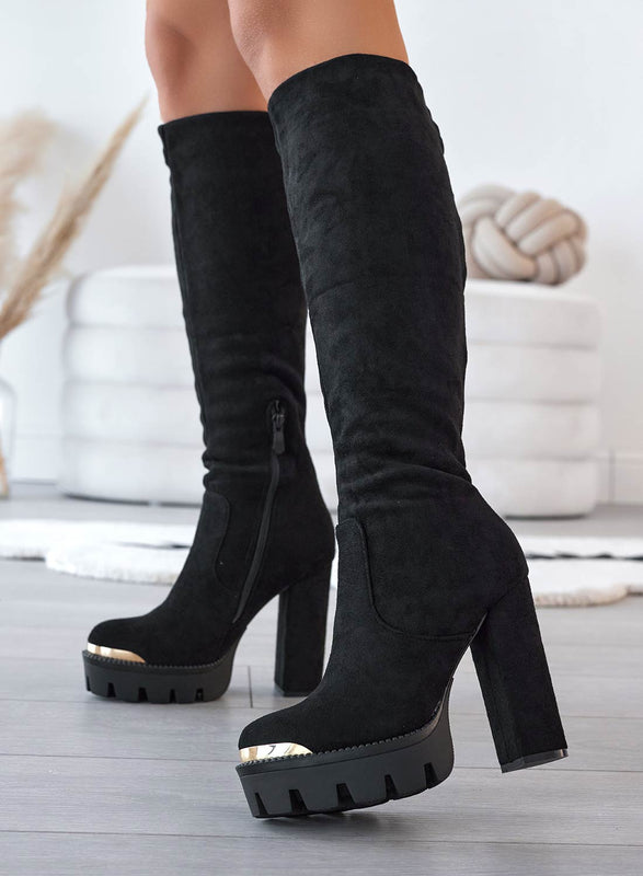JOSEPH - Black suede boots with cuff and gold plate