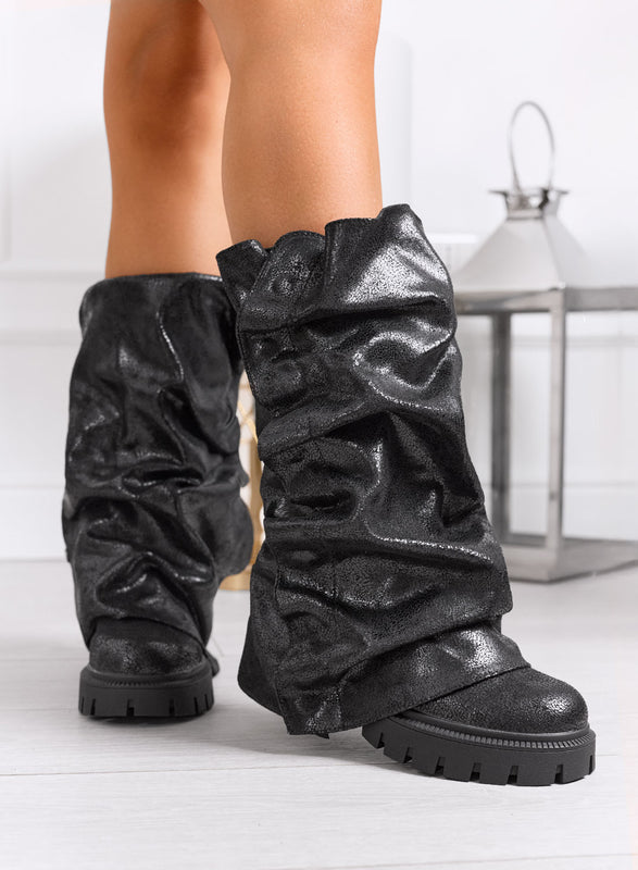 VALLEY - Botas negras efecto charol con caña fruncida removible