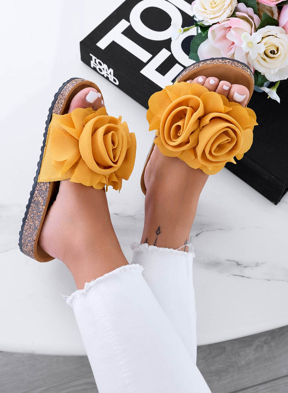SUMMER - Mules jaunes avec fleurs appliquées