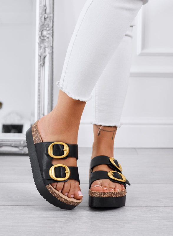 SOFIA - Sandalias negras tipo ciabatta platform con doble hebilla dorada