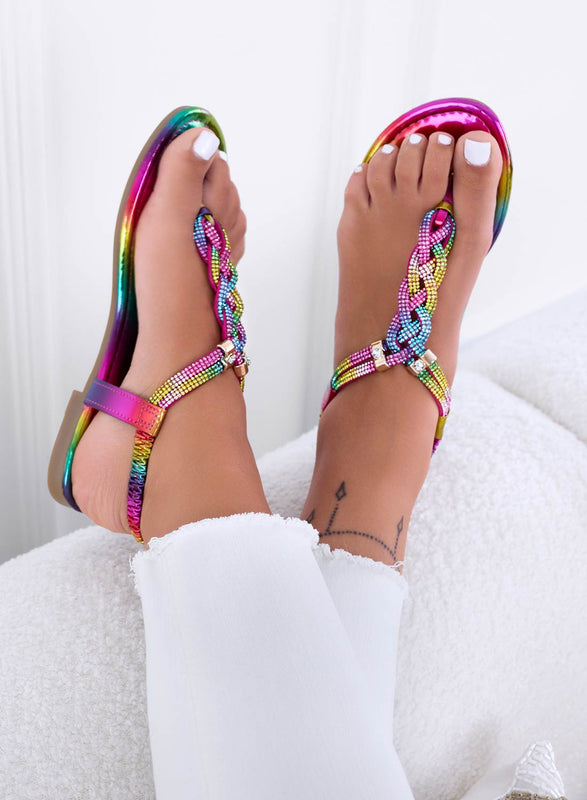 JAMA - Sandalias chanclas con tejido de joyas multicolor