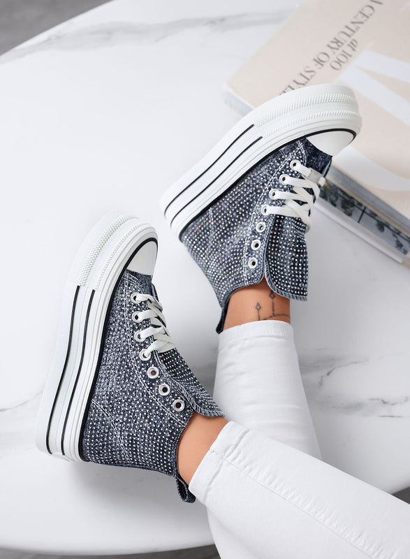 OLGA - Zapatillas altas azul denim con strass y suela con plataforma