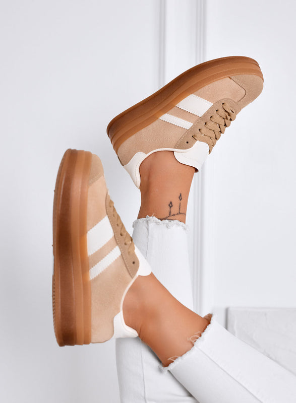ROGER - Zapatillas Platform Beige Ante con Detalles Blancos
