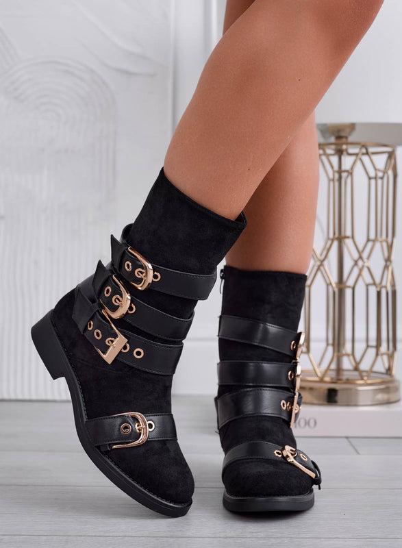 SABINA - Black suede ankle boots with gold buckles