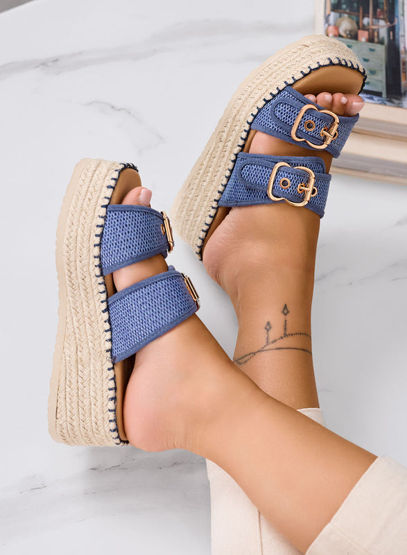 CAROLINA - Sandales plateforme bleus en tissu avec double boucle et semelle en corde
