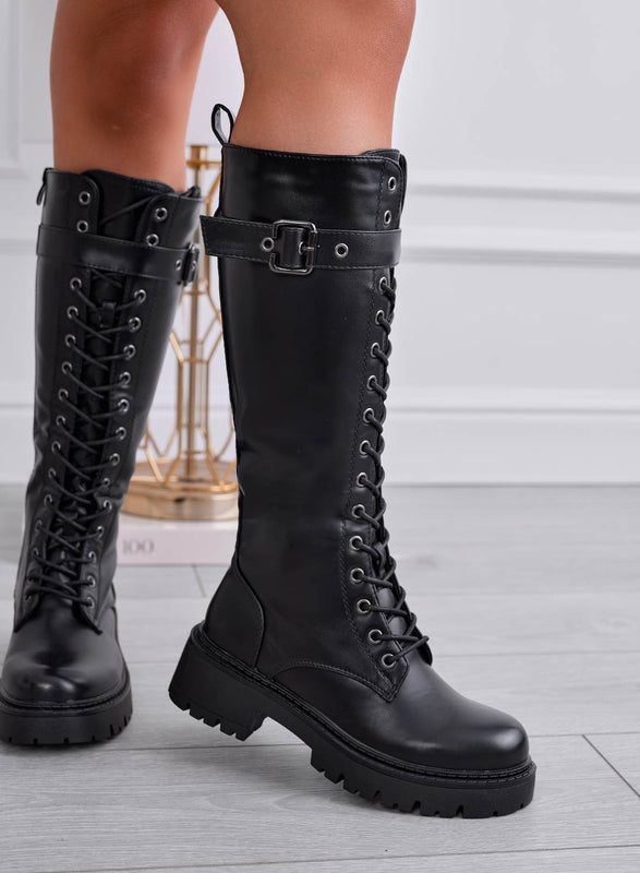 BAILEY - Black combat boots with laces and buckle