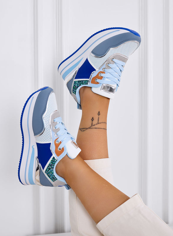 VALDA - Blue sneakers with thick sole and glitter inserts