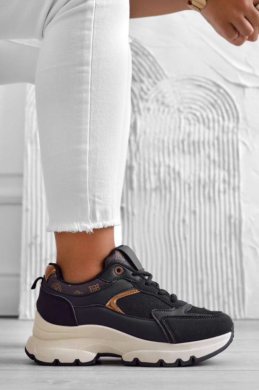 INDY - Black sneakers with glitter and brown inserts