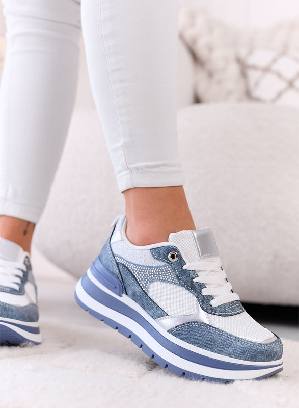 ALBA - Baskets Bleu Denim avec Strass et Semelle Plateforme
