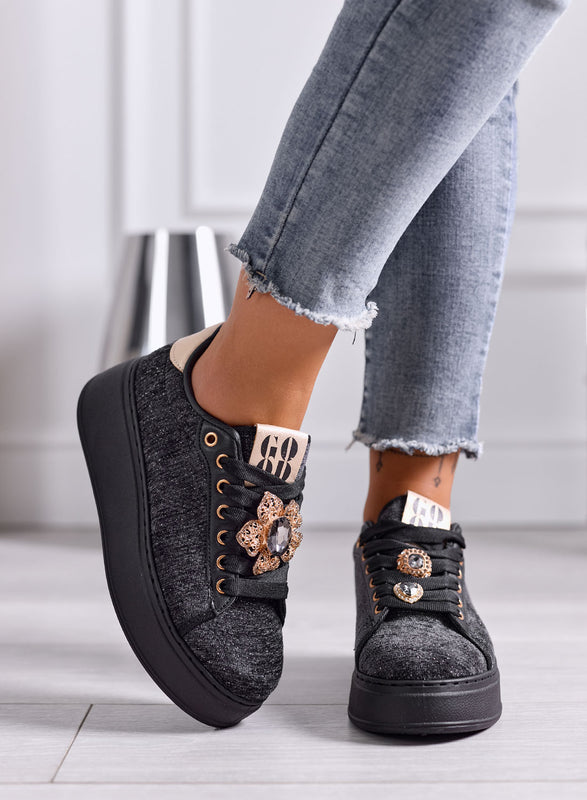 NINFA - Sneakers nere platform in tessuto laminato e applicazione gioiello
