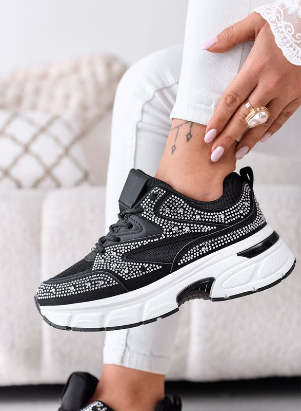 MARTINA - Zapatillas negras con strass plateados y suela plataforma chunky