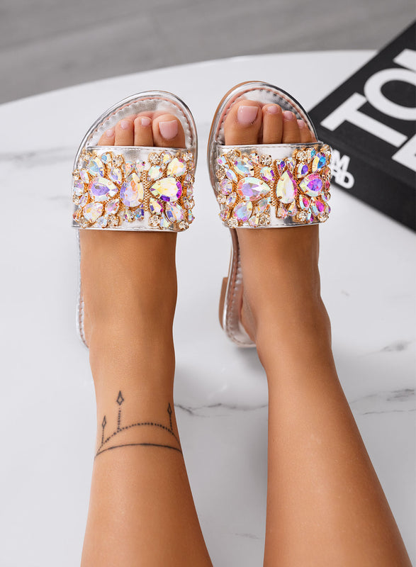 CLELIA - Sandalias joya plateadas con piedras y suela baja
