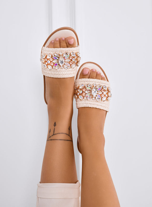 KRISTEN - Sandales mules beiges avec bandeau crochet et maxi strass