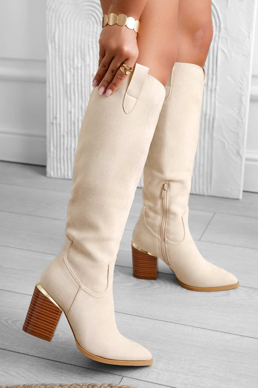 Bottes beiges en daim avec talon effet bois