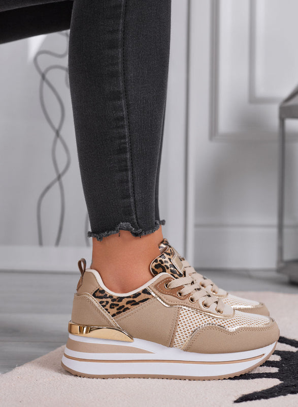 VALDA - Zapatillas marrón con suela gruesa e insertos de leopardo y dorados