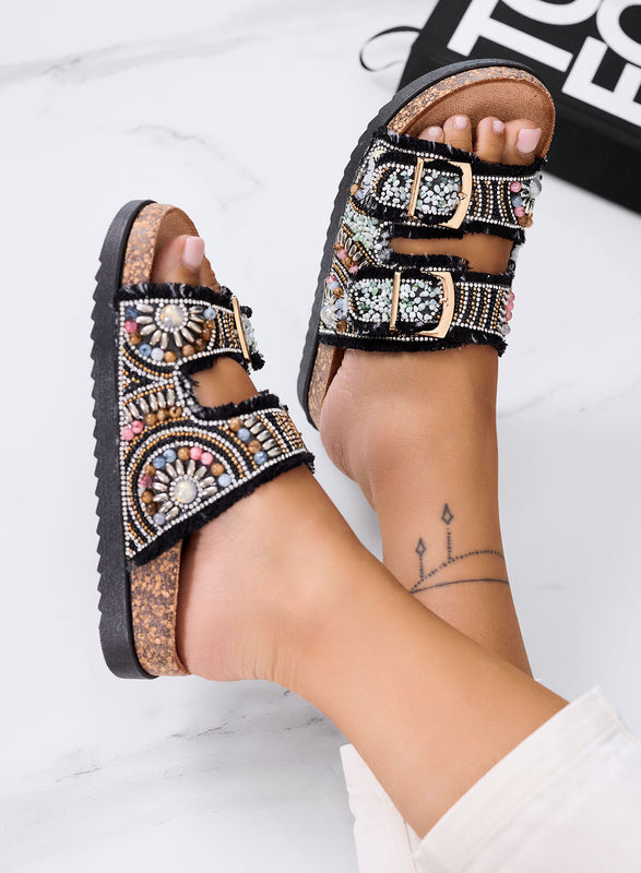 MARGOT - Black jeweled sandals with double buckle and frayed fabric