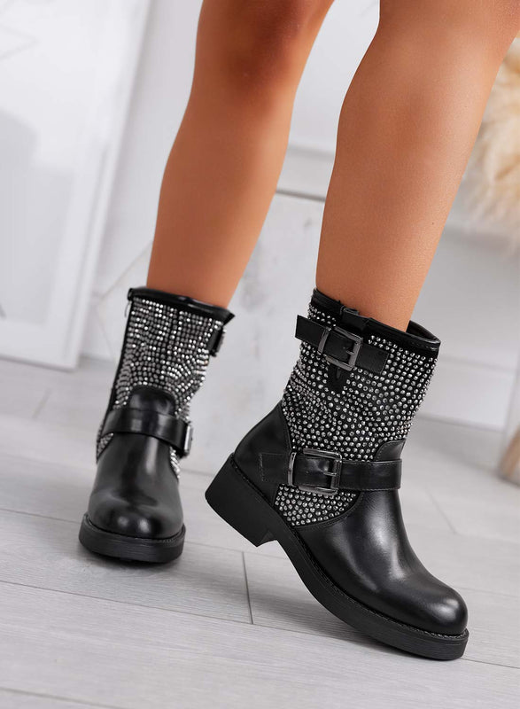 HERBY black biker ankle boots with grey rhinestones and double buckle