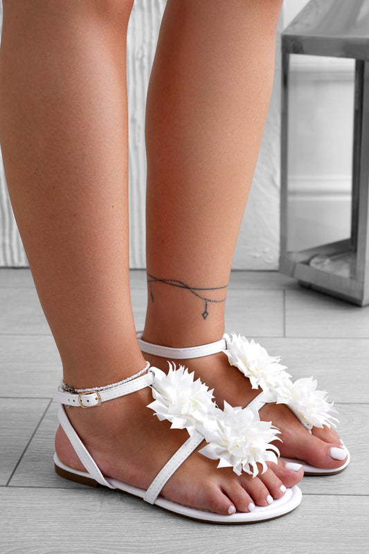 CONNIE - Sandalias blancas de dedo en raso con flor aplicada