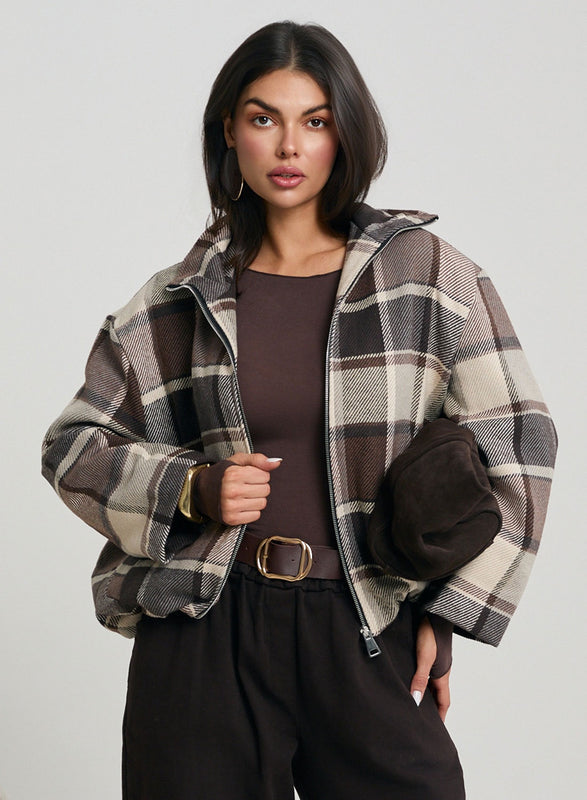 Giacca bomber a quadri marrone e beige