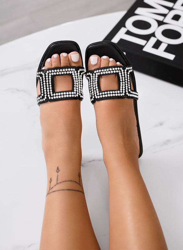 PAOLA - Sandales noirs plats avec strass et design géométrique à bande
