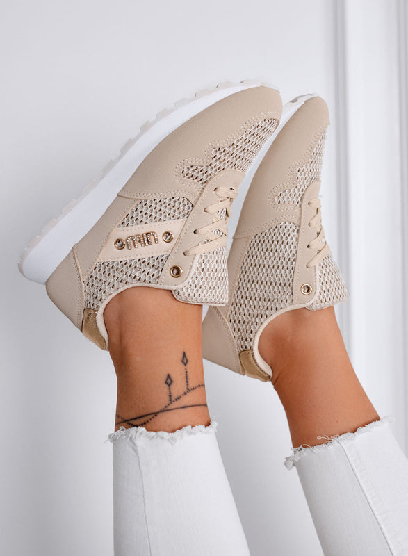 ARMIDA - Zapatillas Beige Deportivas con Insertos en Tejido y Detalles en Oro