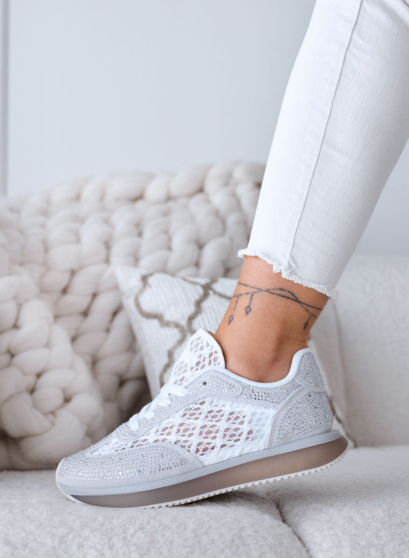 LORENA - Gray sneakers with white lace and sparkling rhinestones