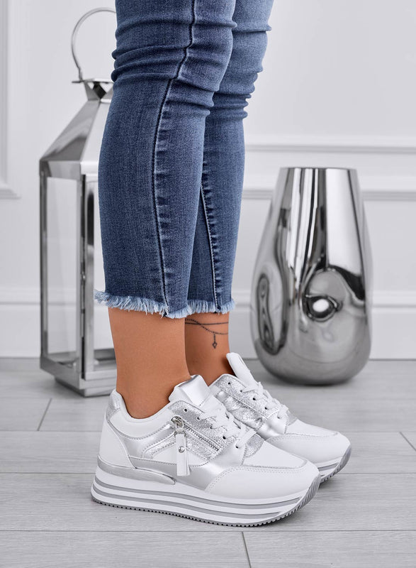 JANNY - Baskets blanches avec empiècements argentés laminés