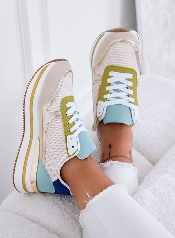 JOYCE - Sneakers beige con inserti oro e zip laterale