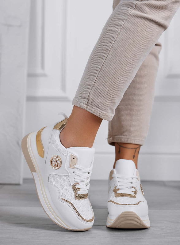 WALKER - Zapatillas de mujer blancas con detalles dorados y diseño de malla