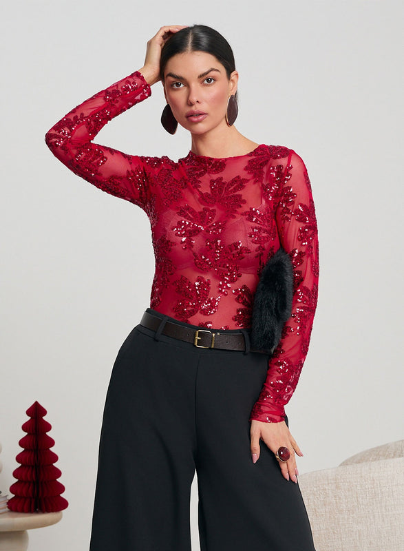 Red sheer bodysuit with sequin details