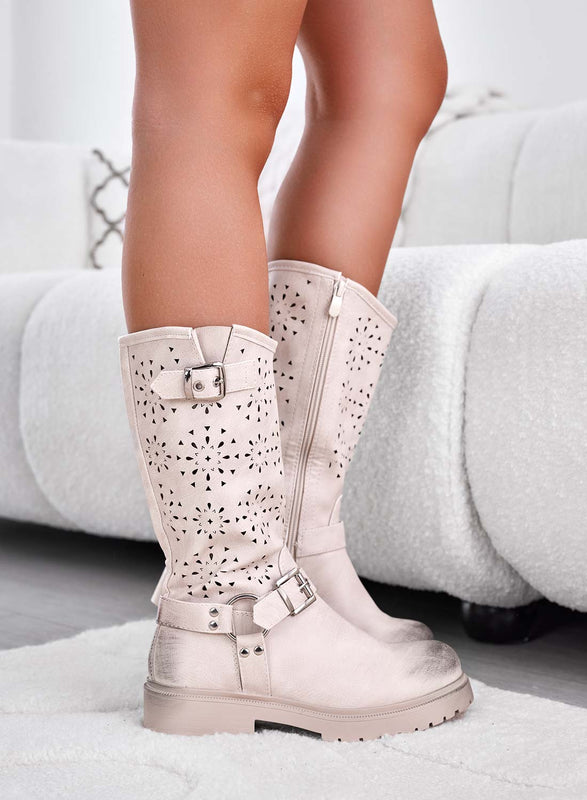 Beige perforated ankle boots with buckles