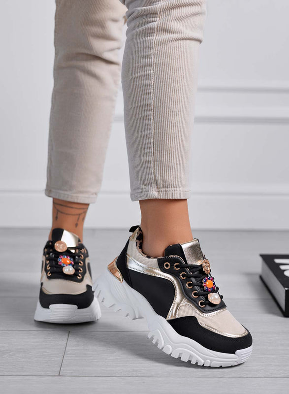 ADAMS - Zapatillas negras de mujer con suela gruesa y detalles joya dorados