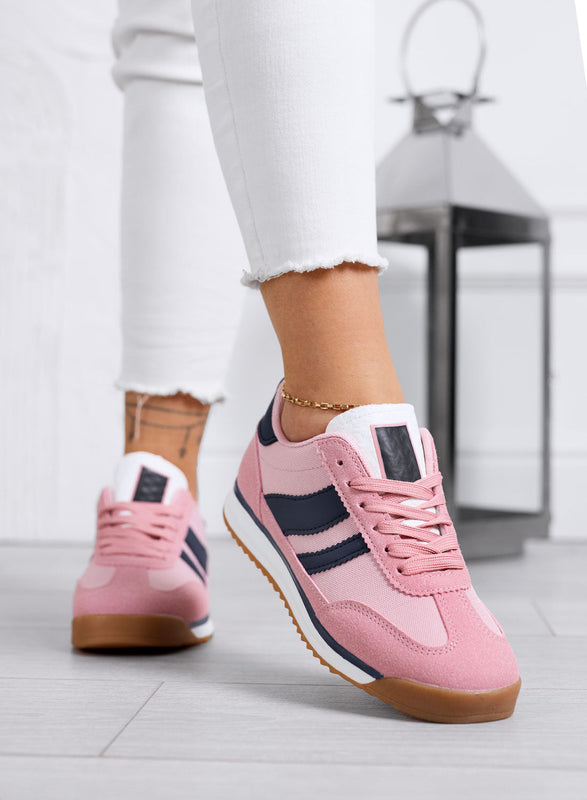JUNO - Zapatillas rosas de tela con detalles azul marino y suela de goma