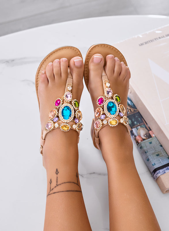 ROSSANA - Nude jeweled sandals with multicolor stones
