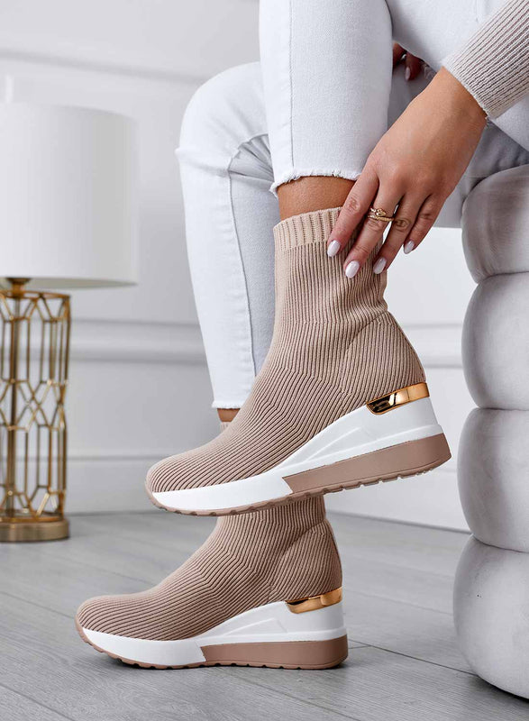 JUNA - Bottines beiges en tissu élastique avec semelle compensée