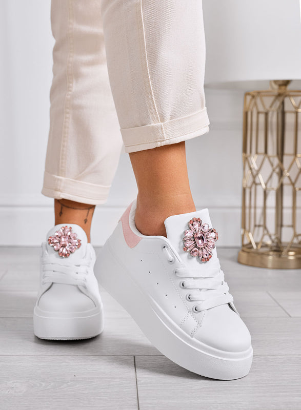 RONNIE - Zapatillas blancas con plataforma y maxi flor joya rosa