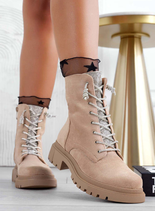 MOIRA - Botines anfibios Alexoo beige con cordones y lengüeta joya