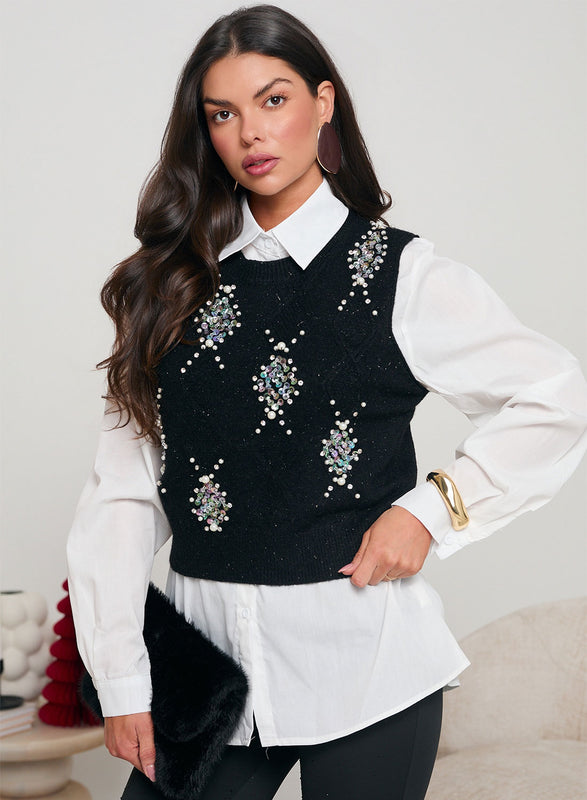 White shirt with black vest decorated with sequins and beads