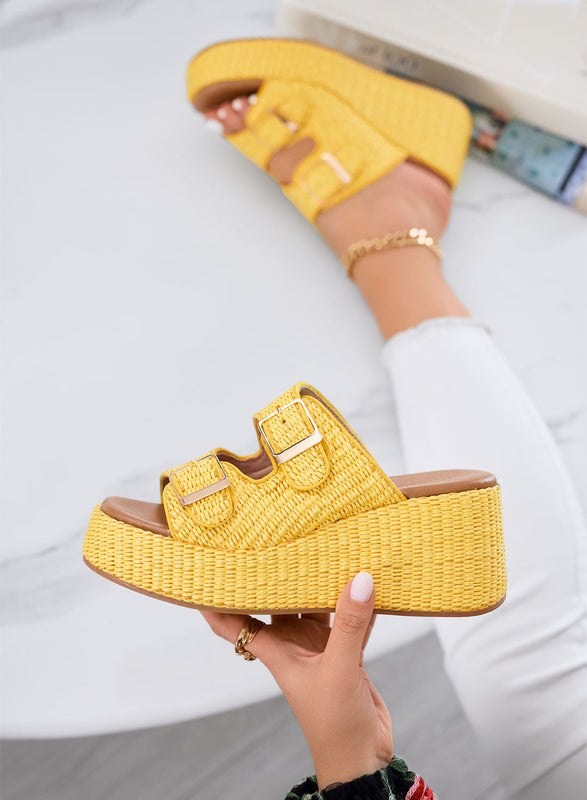 GINA - Yellow platform slide sandals with double buckle