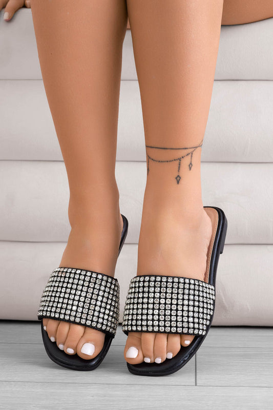 Black slide sandals with rhinestones