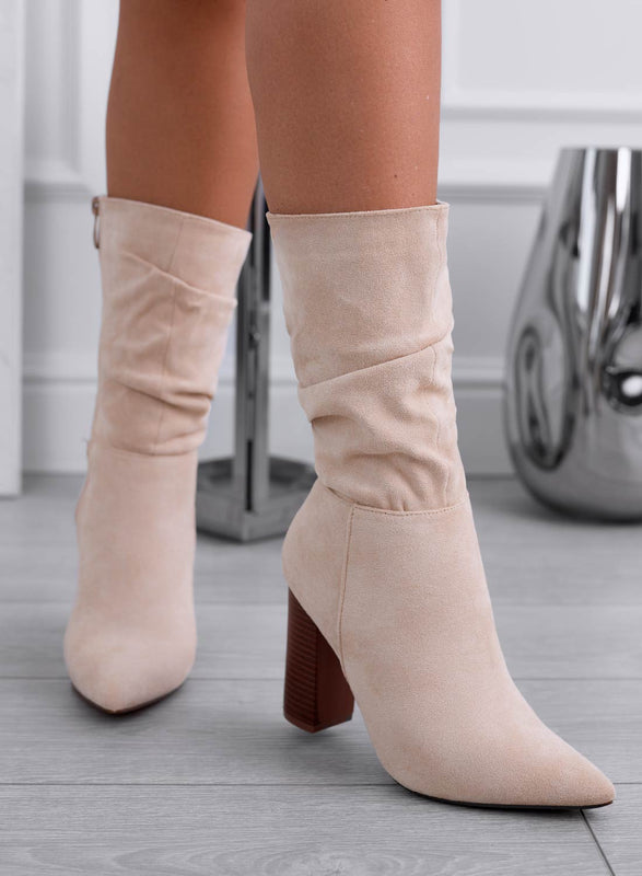 NALA - Botines de ante beige con tacón efecto madera